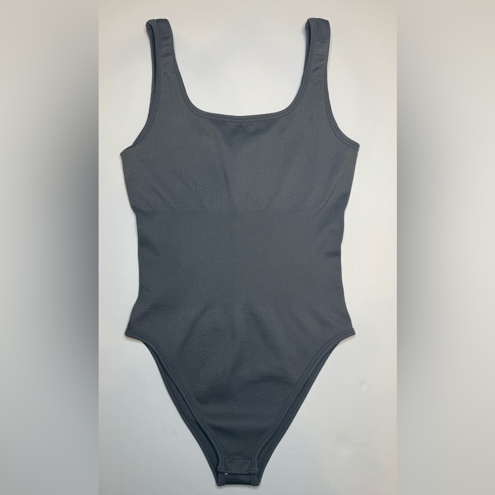 OQQ Square Neck Ribbed Sleeveless Bodysuit Gray Size S